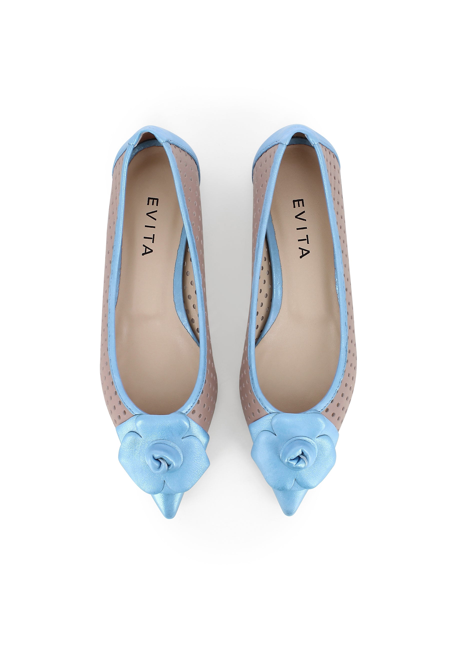 SONIA Damen Flats - Glattleder Beige/Blau