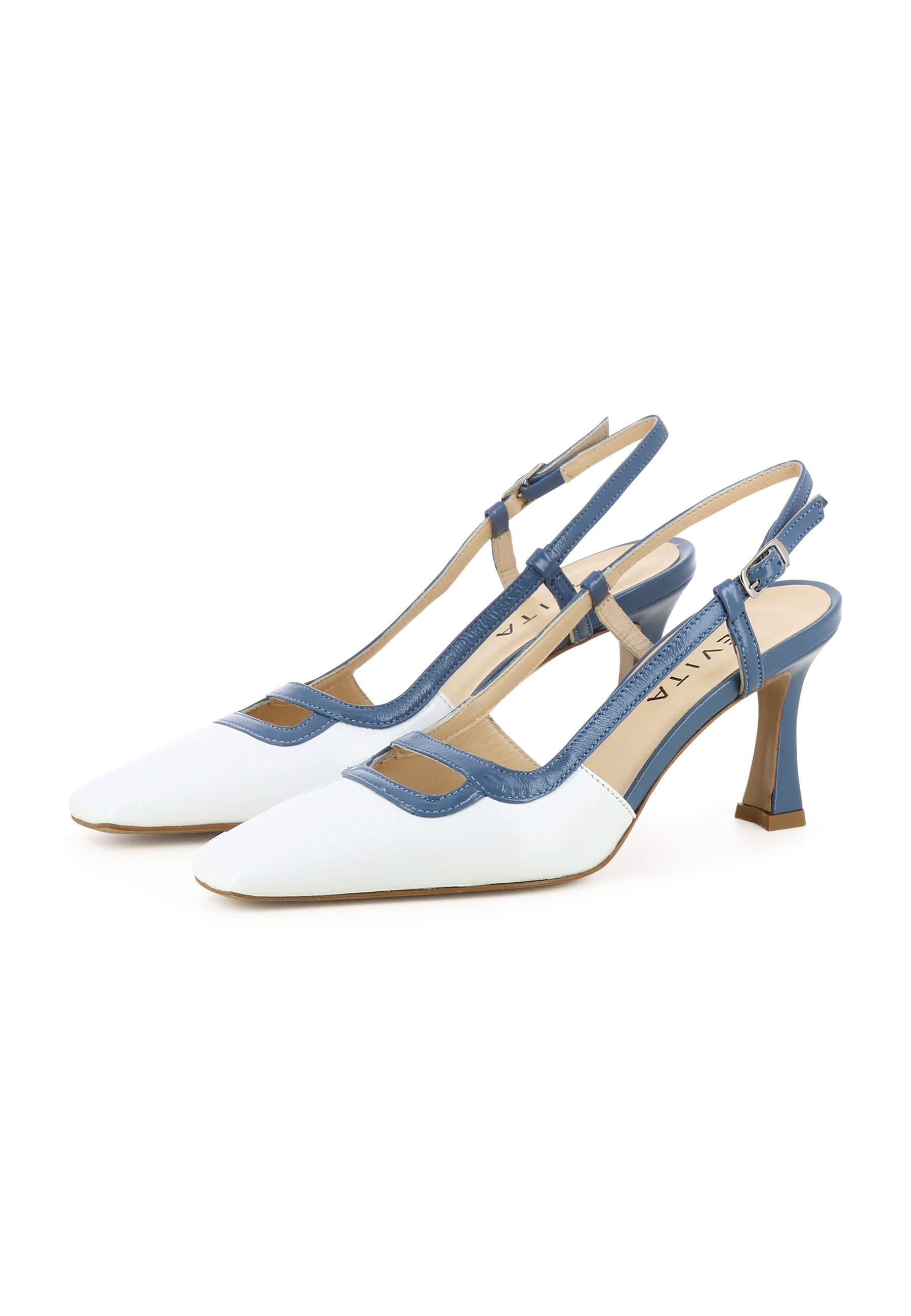 CARMELA Women's Sling Pumps - Crumpled Patent Leather Blue/White